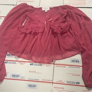 Pink Swiss Dot Ruffle Tie-Front Blouse